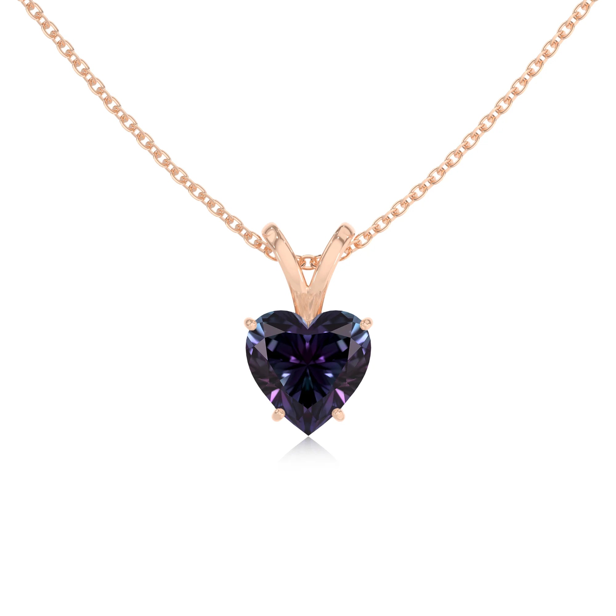 lab grown alexandrite heart solitaire v-bale necklaces in rose gold 