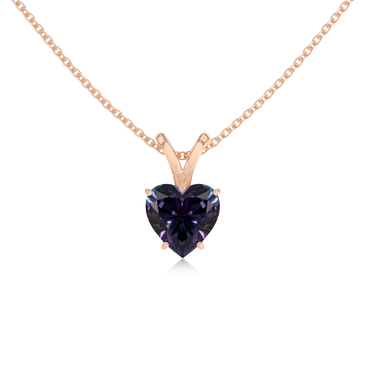 lab grown alexandrite heart solitaire v-bale necklaces in rose gold 