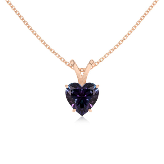 lab grown alexandrite heart solitaire v-bale necklaces in rose gold 