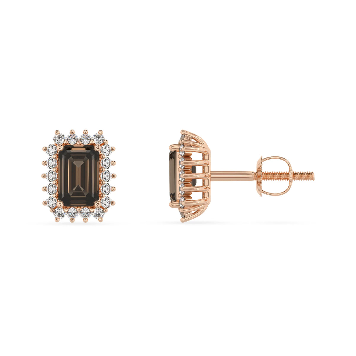 natural smoky quartz emerald cut stud earrings in rose gold 