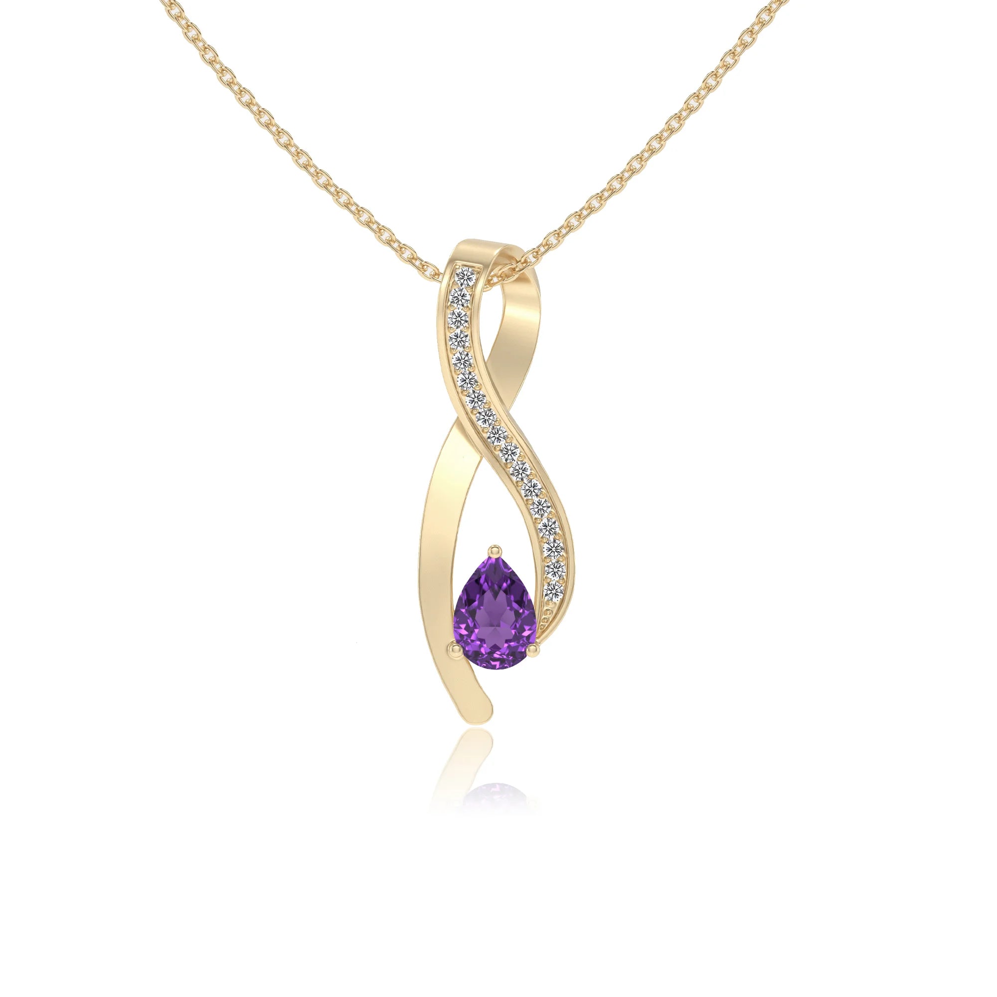 lab grown amethyst pear solitaire necklaces in yellow gold 