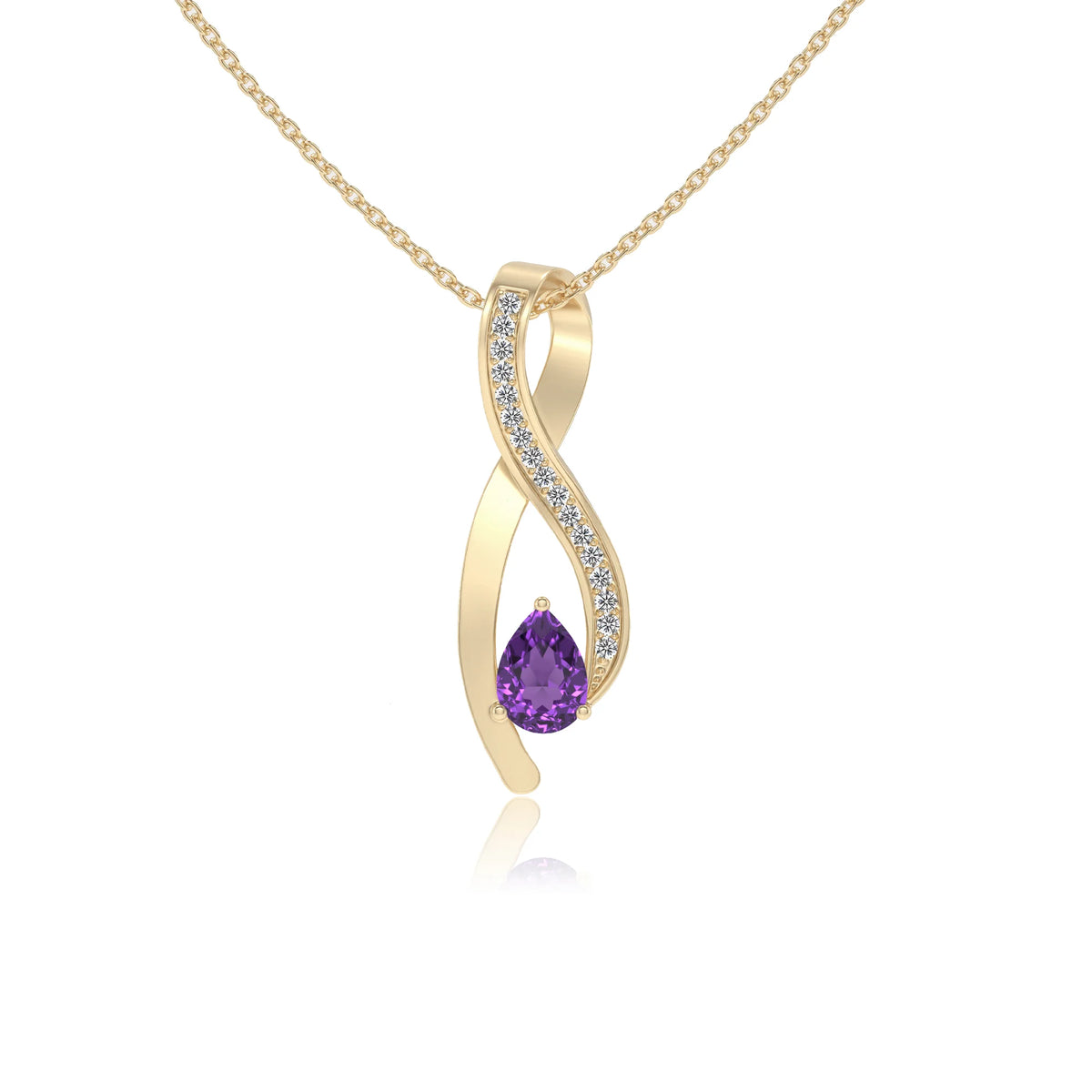 lab grown amethyst pear solitaire necklaces in yellow gold 