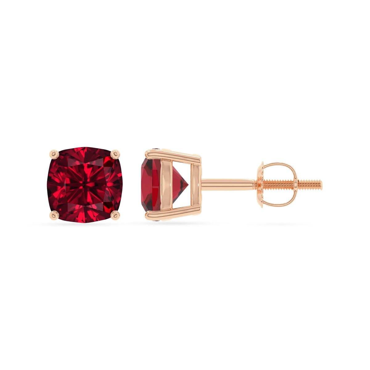 lab grown ruby cushion stud earrings in rose gold 