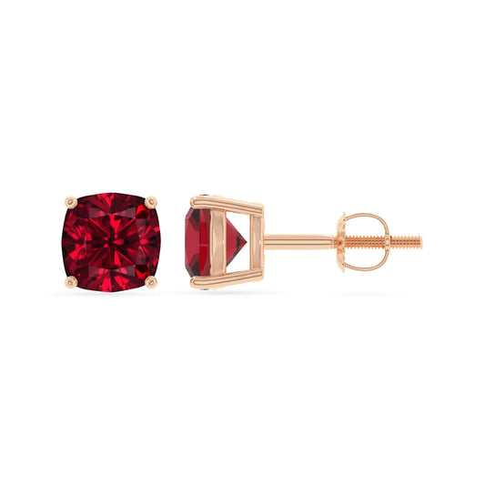 lab grown ruby cushion stud earrings in rose gold 