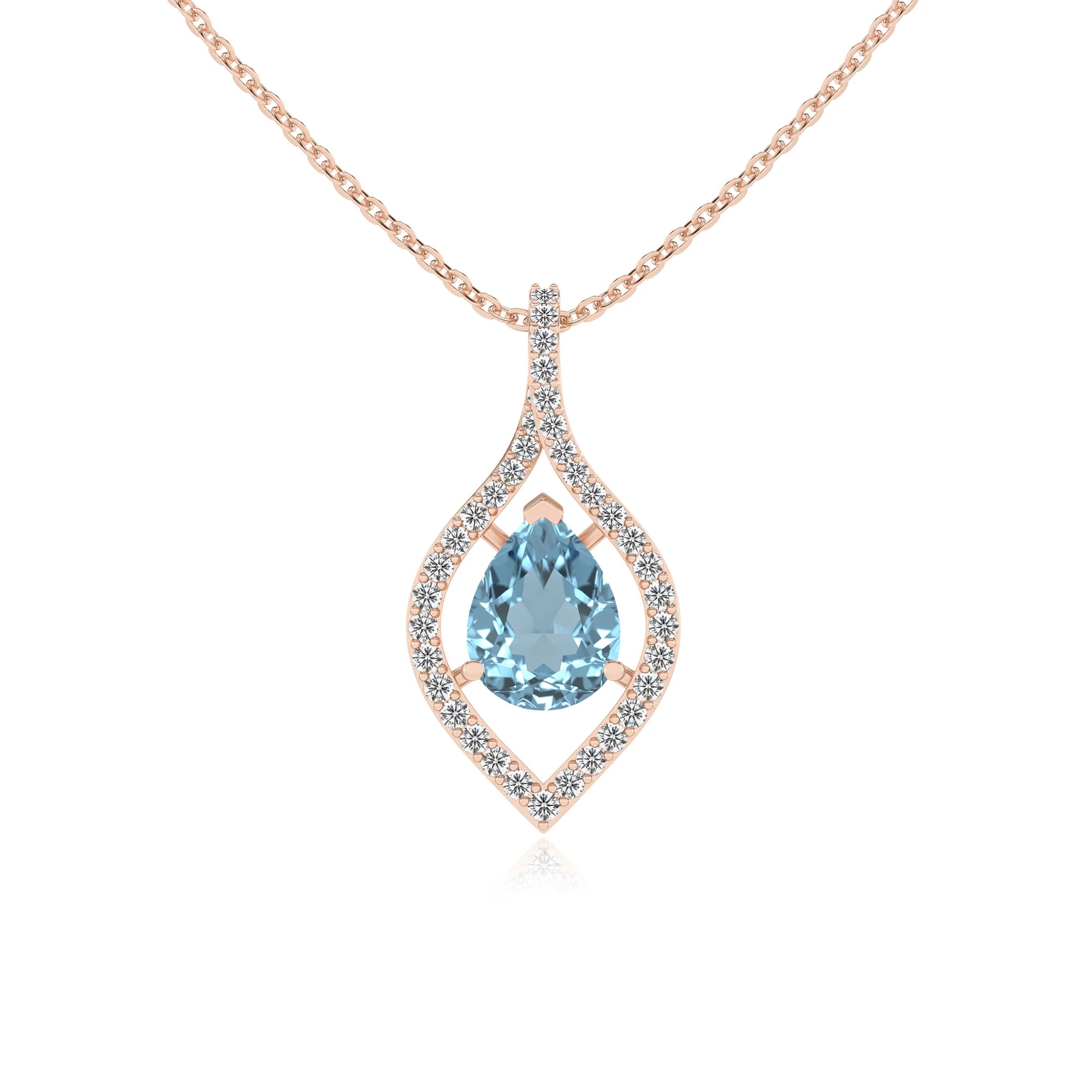 lab grown aquamarine pear infinity necklaces in rose gold 