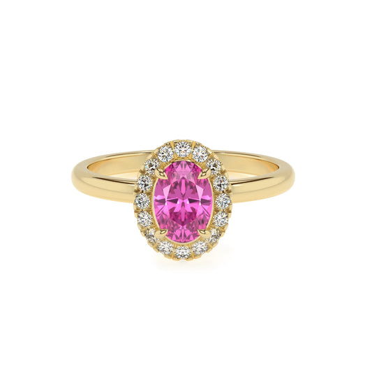 lab grown pink-sapphire oval solitaire rings in yellow gold 