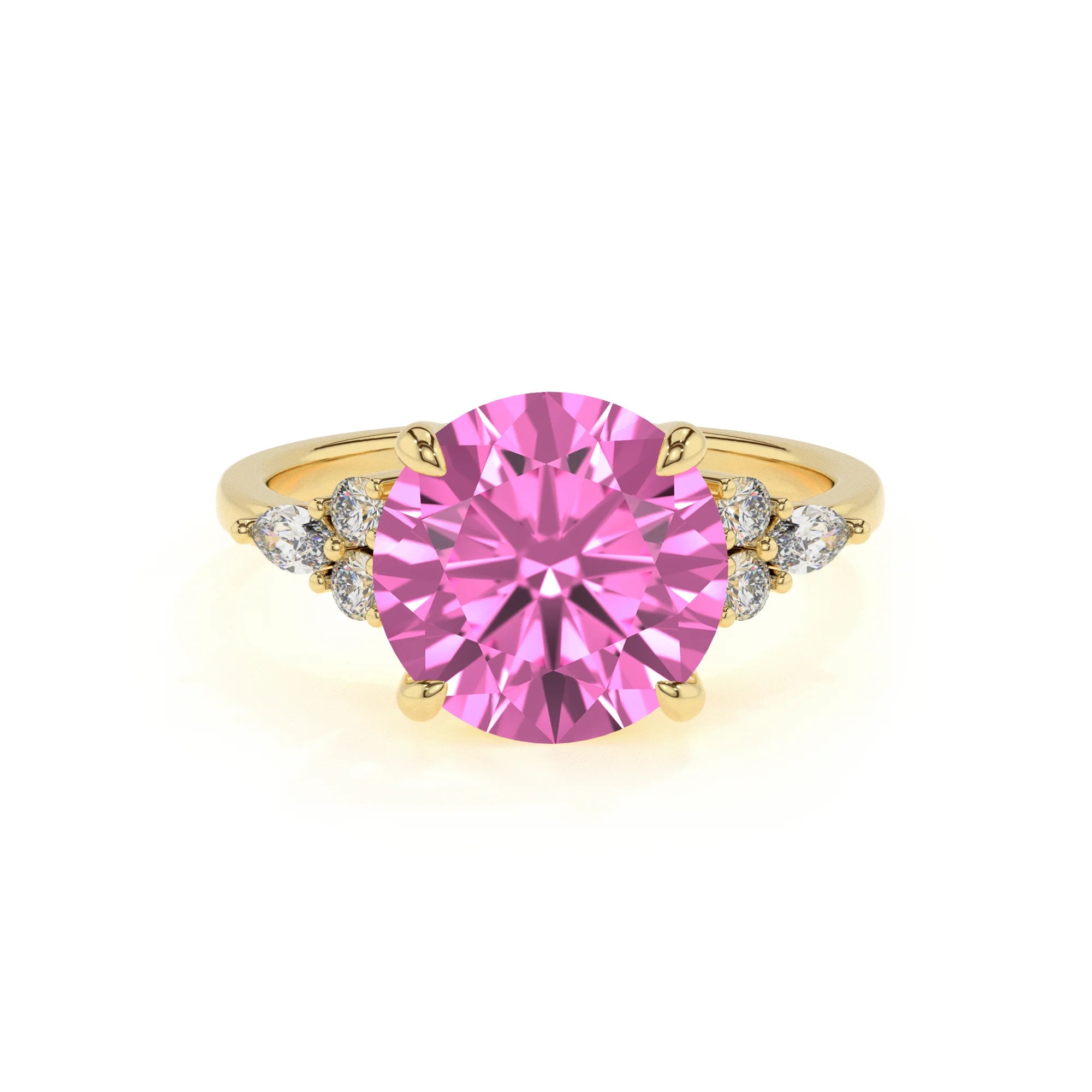 lab grown pink-sapphire round solitaire rings in yellow gold 