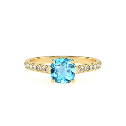 natural swiss-blue-topaz cushion half eternity solitaire engagement rings in yellow gold 