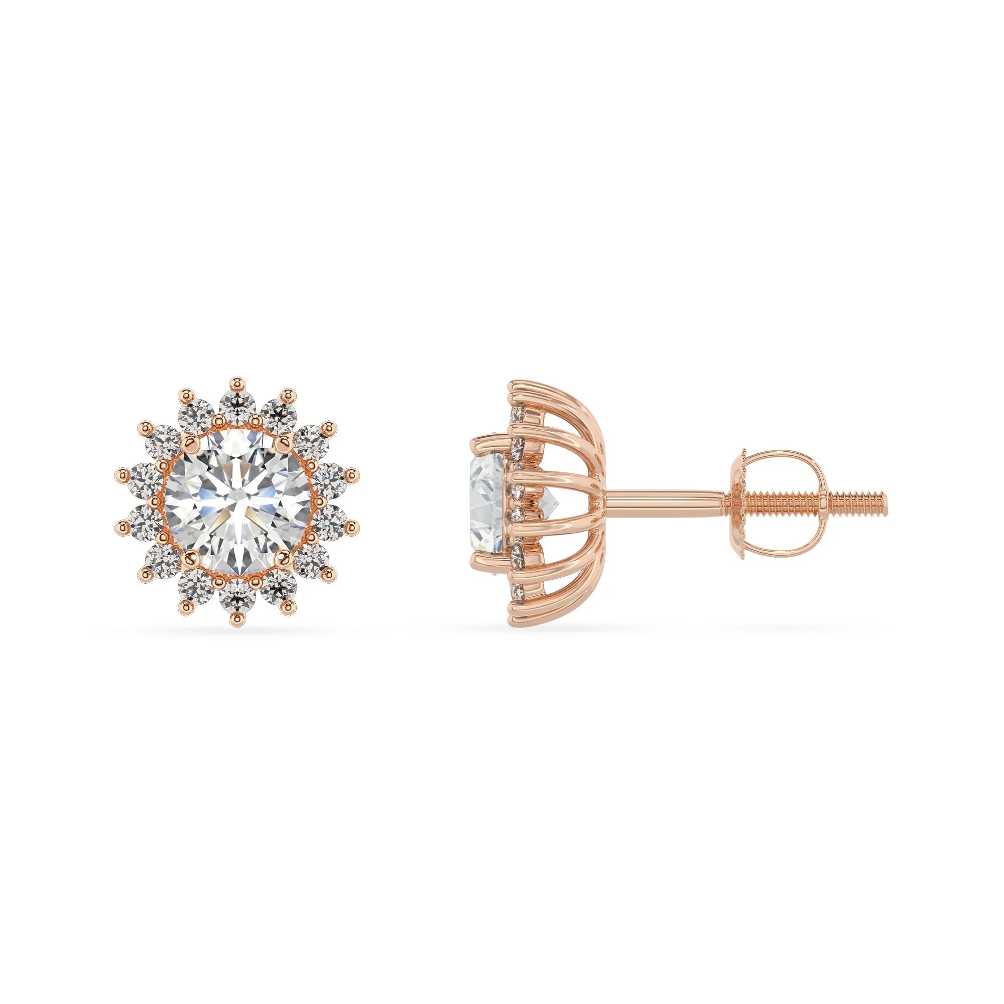 lab grown moissanite round stud earrings in rose gold 