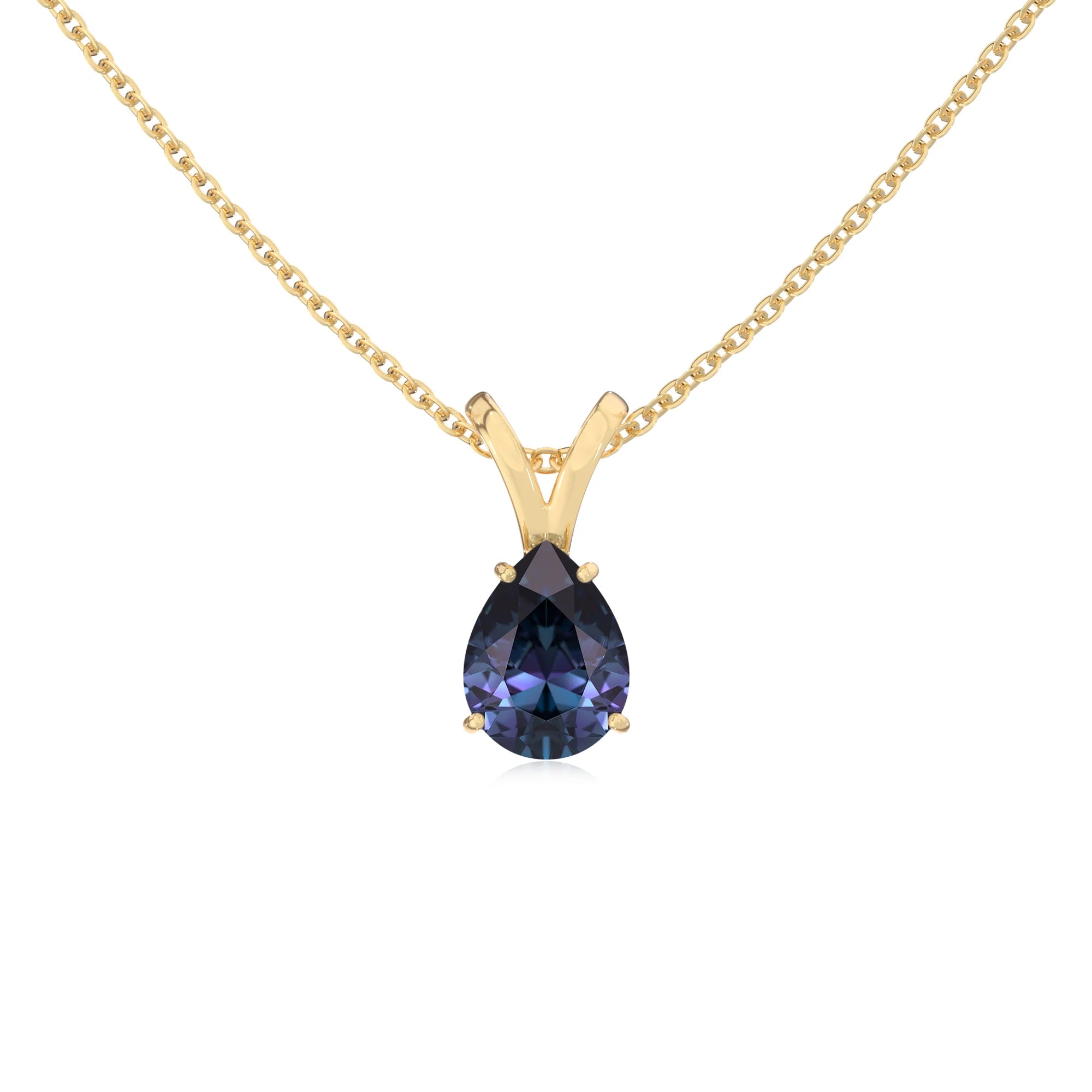 lab grown alexandrite pear solitaire v-bale necklaces in yellow gold 