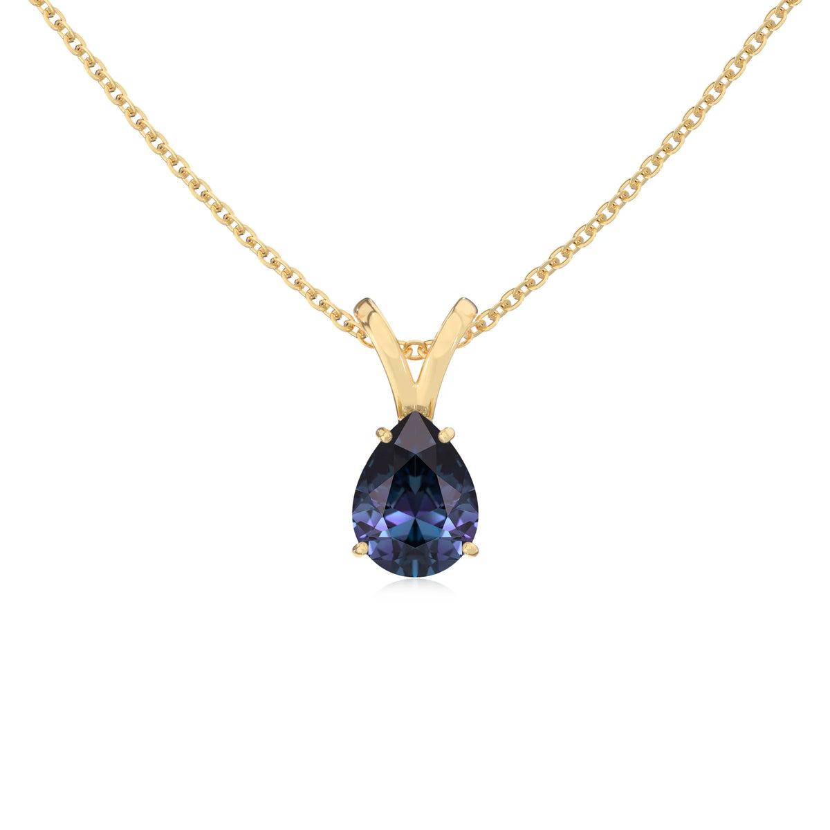 lab grown alexandrite pear solitaire v-bale necklaces in yellow gold 