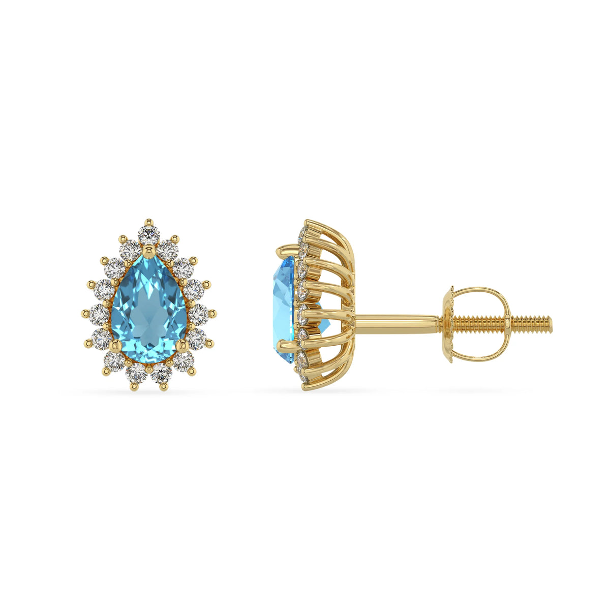 natural swiss blue topaz pear stud earrings in yellow gold 