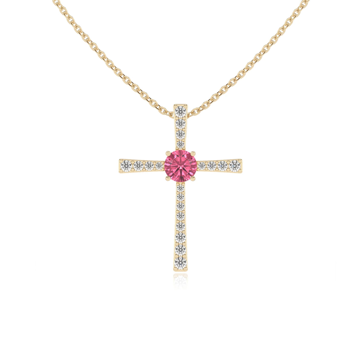 lab grown pink-tourmaline round infinity necklaces in yellow gold 