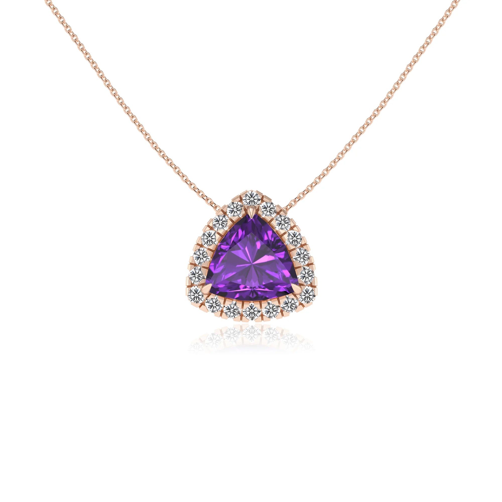 lab grown amethyst trillion solitaire necklaces in rose gold 
