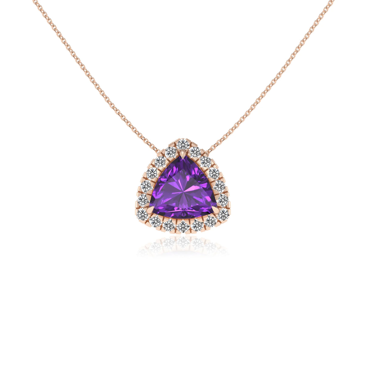 lab grown amethyst trillion solitaire necklaces in rose gold 