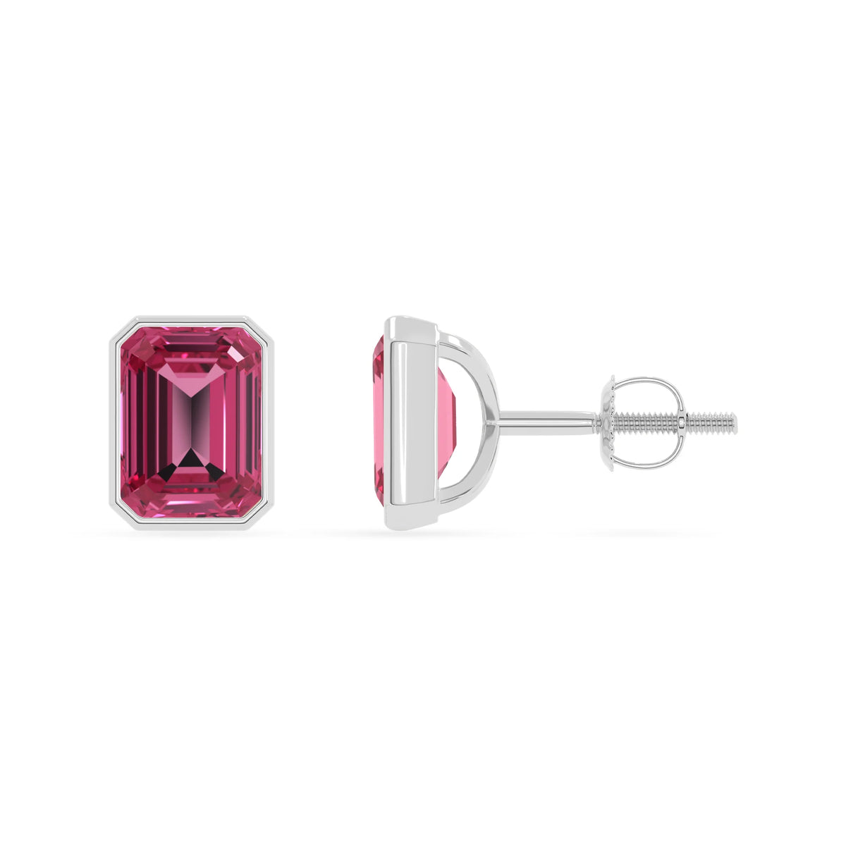 Lab Grown Pink Tourmaline Emerald-Cut Solitaire Stud Earrings