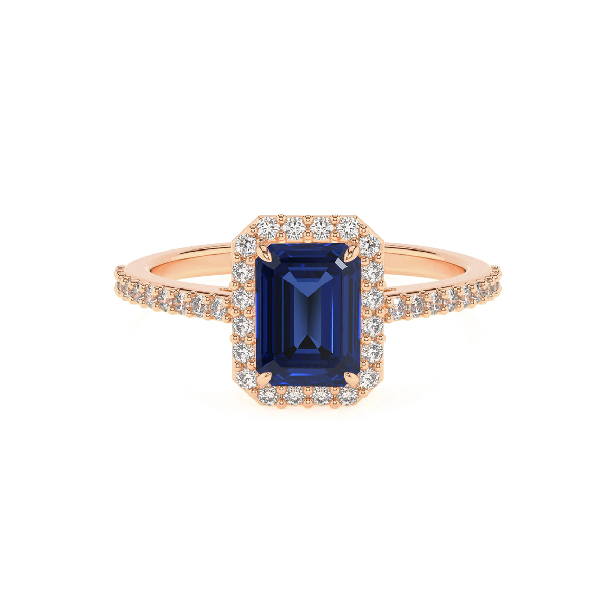 lab grown blue-sapphire emerald cut solitaire rings in rose gold 