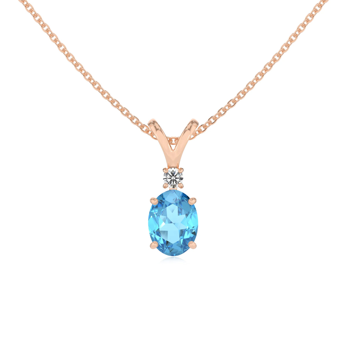 natural swiss-blue-topaz oval solitaire v-bale necklaces in rose gold 