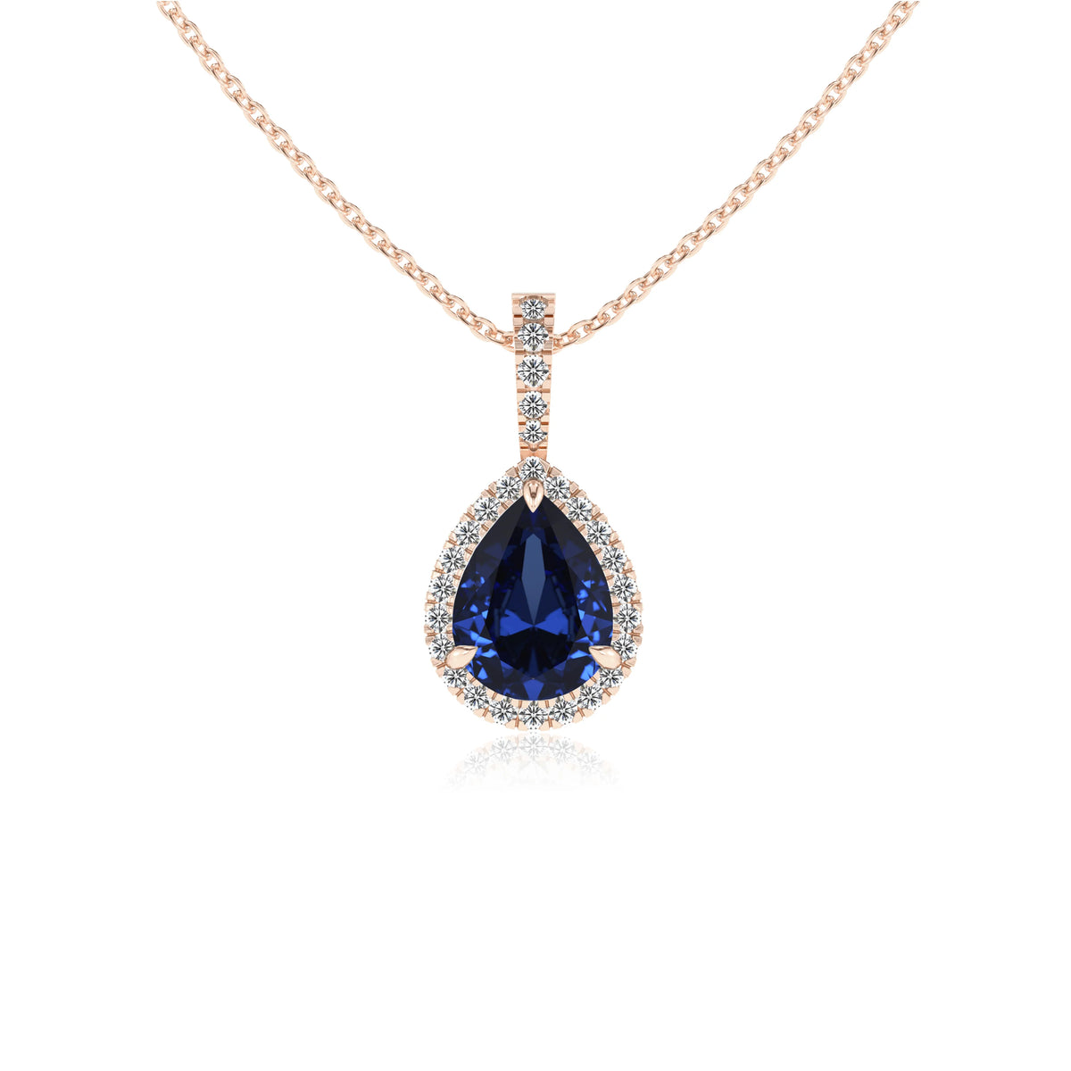 lab grown blue-sapphire pear solitaire necklaces in rose gold 
