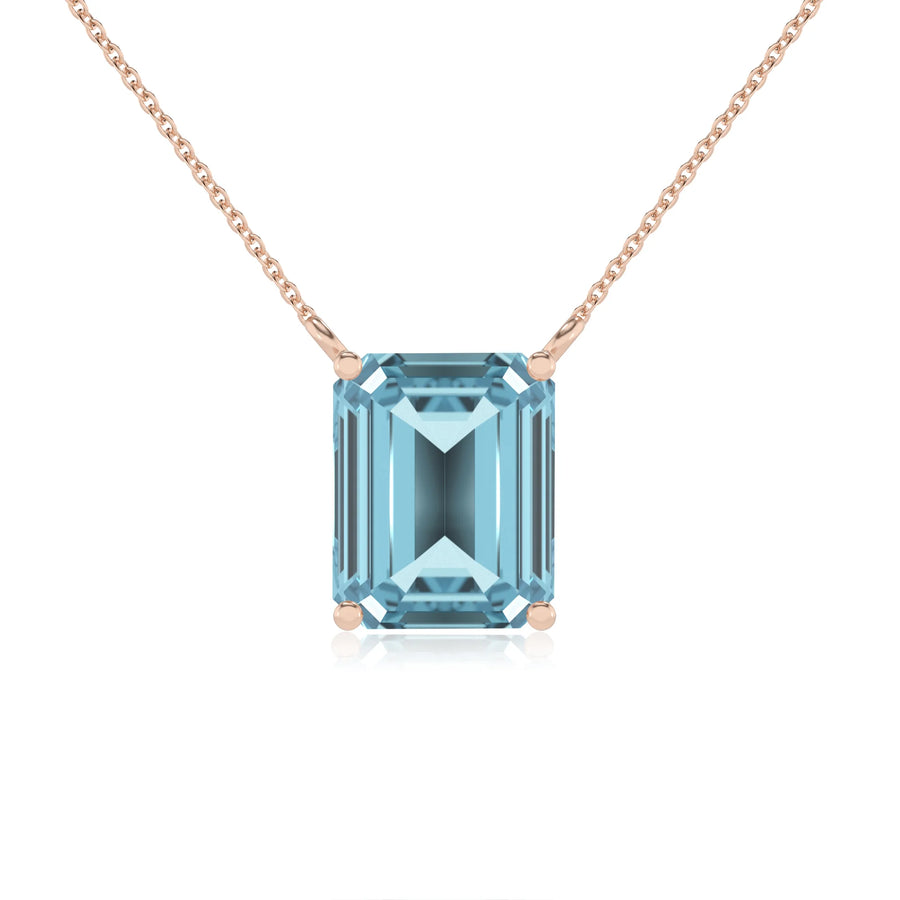 lab grown aquamarine emerald cut solitaire necklaces in rose gold 