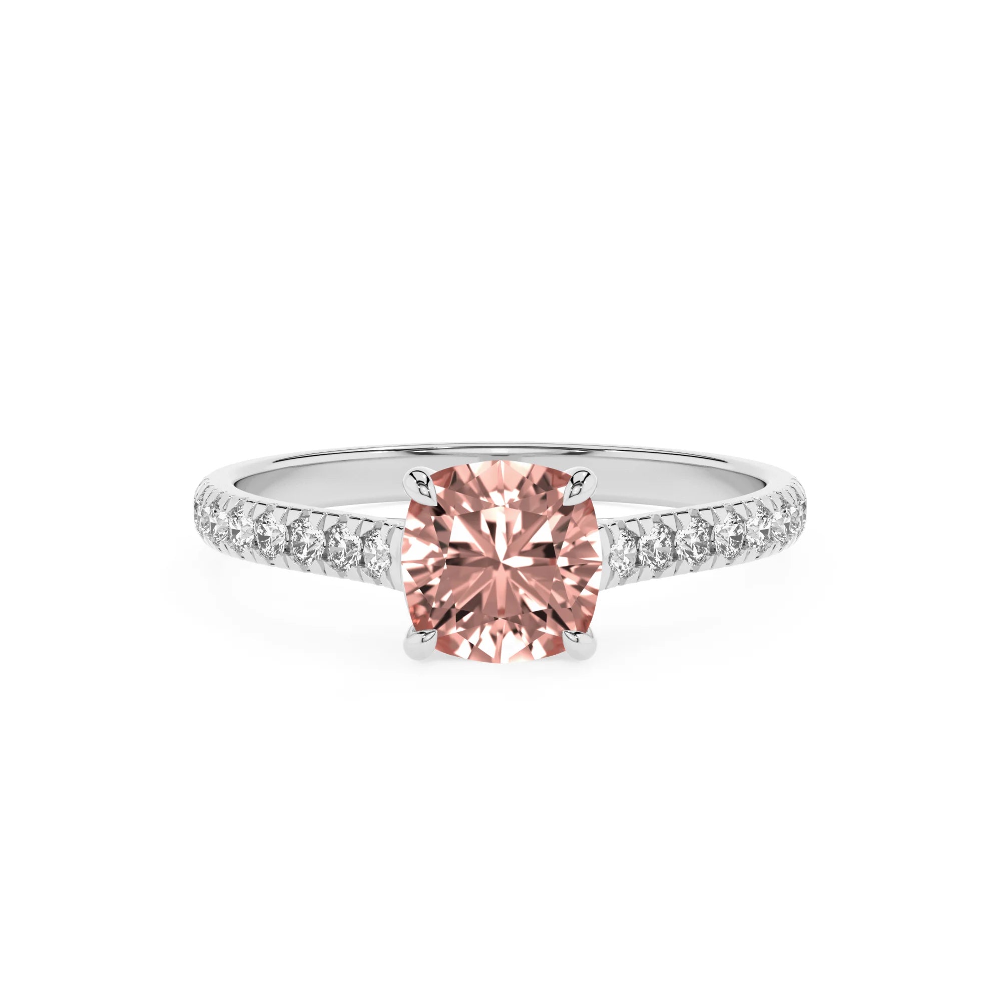 lab grown morganite cushion half eternity solitaire engagement rings in platinum 