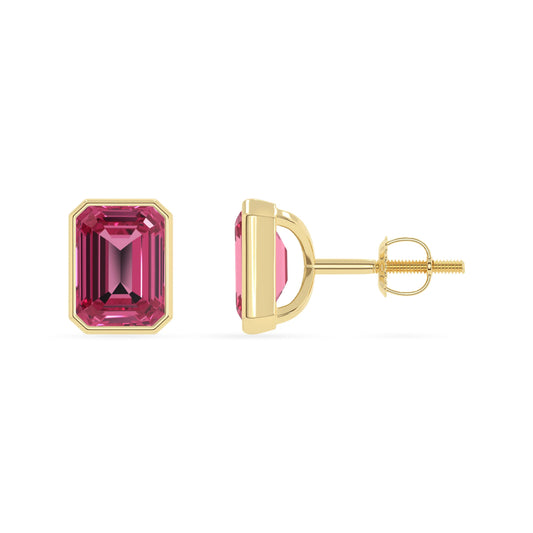 Lab Grown Pink Tourmaline Emerald-Cut Solitaire Stud Earrings
