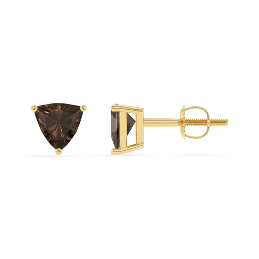 natural smoky quartz trillion stud earrings in yellow gold 