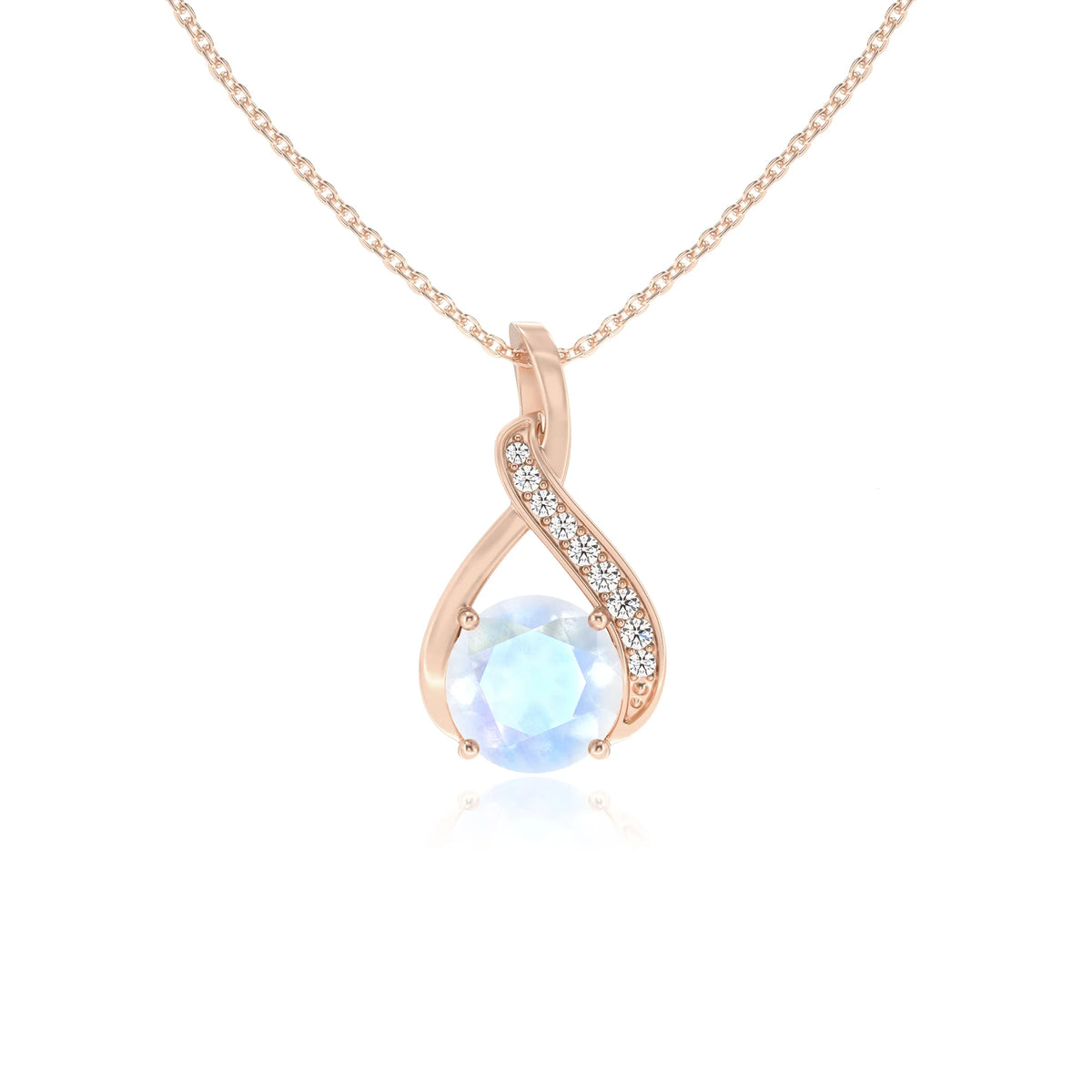 natural rainbow-moonstone round solitaire necklaces in rose gold 