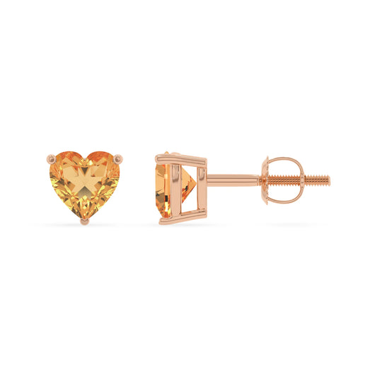 lab grown citrine heart stud earrings in rose gold 