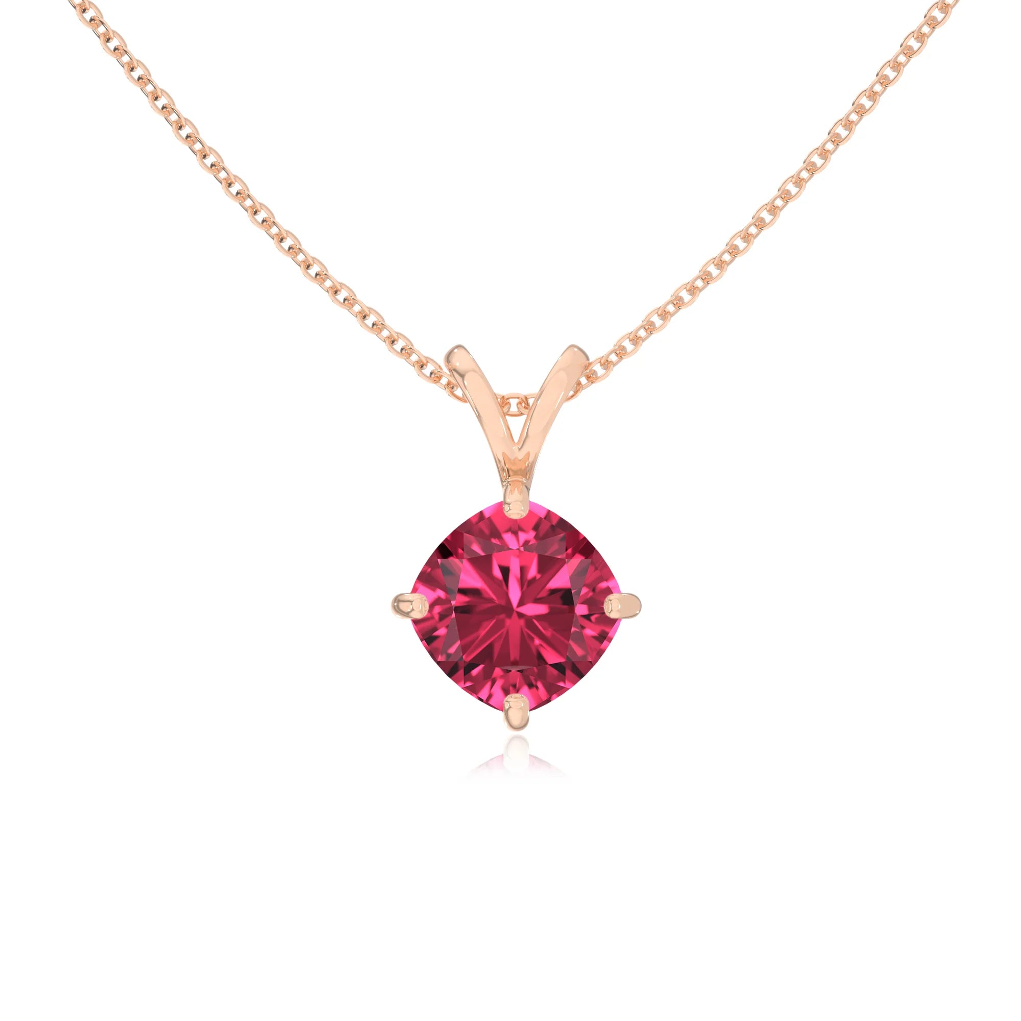 lab grown pink-tourmaline cushion solitaire v-bale necklaces in rose gold 