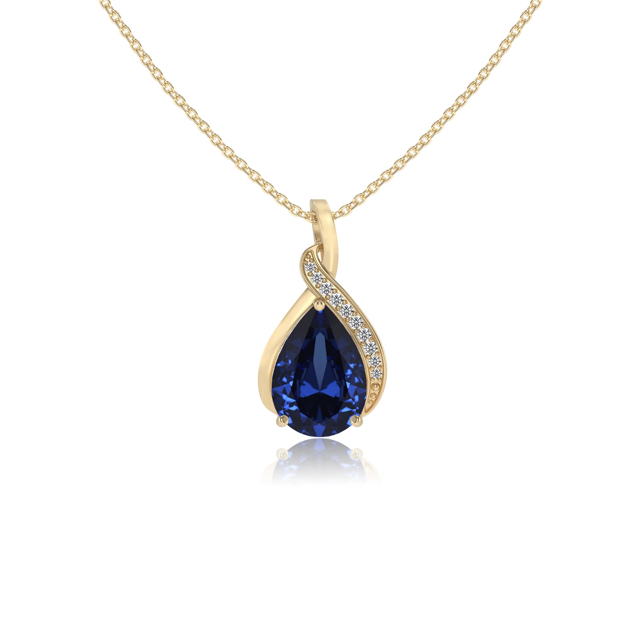 lab grown blue-sapphire pear solitaire necklaces in yellow gold 