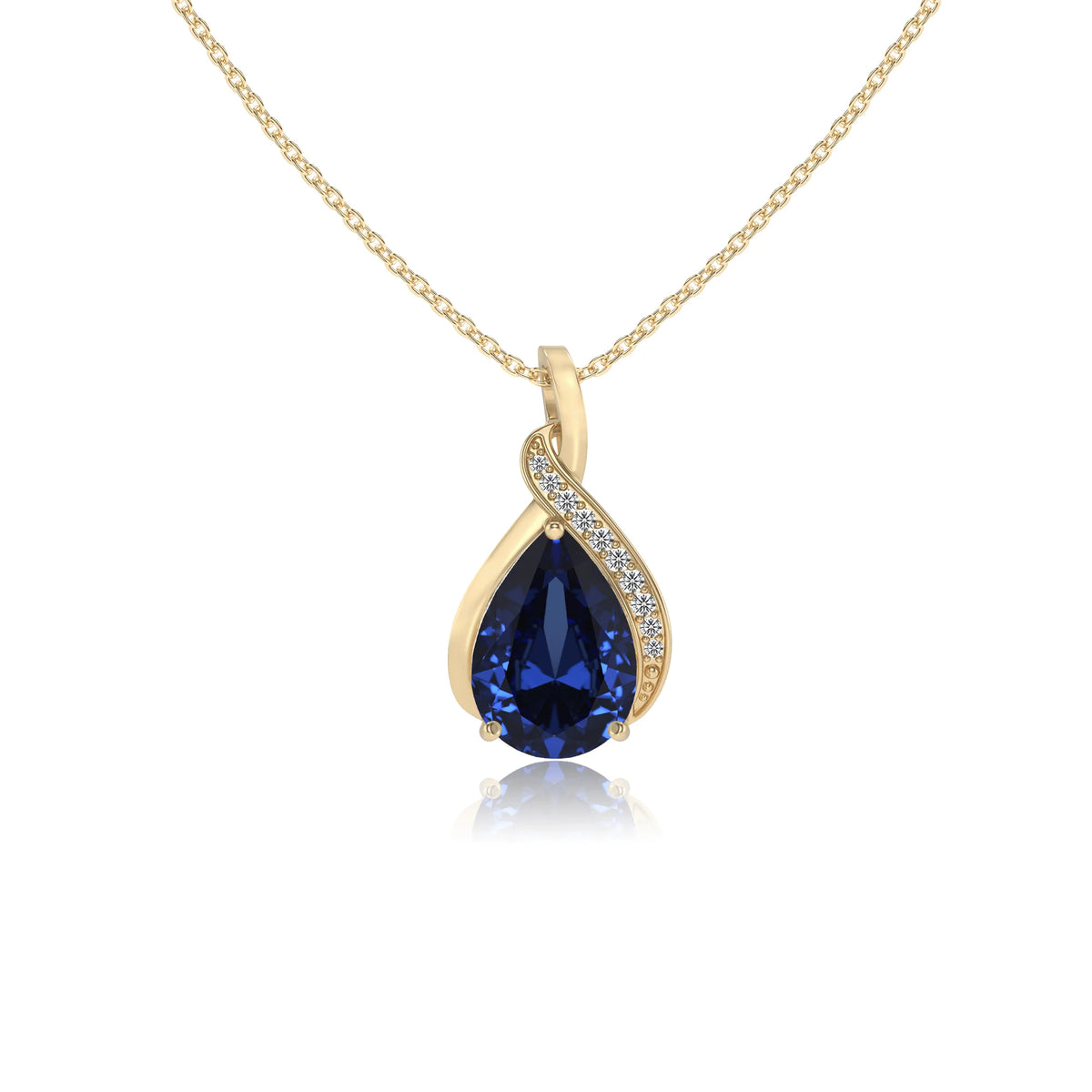 lab grown blue-sapphire pear solitaire necklaces in yellow gold 