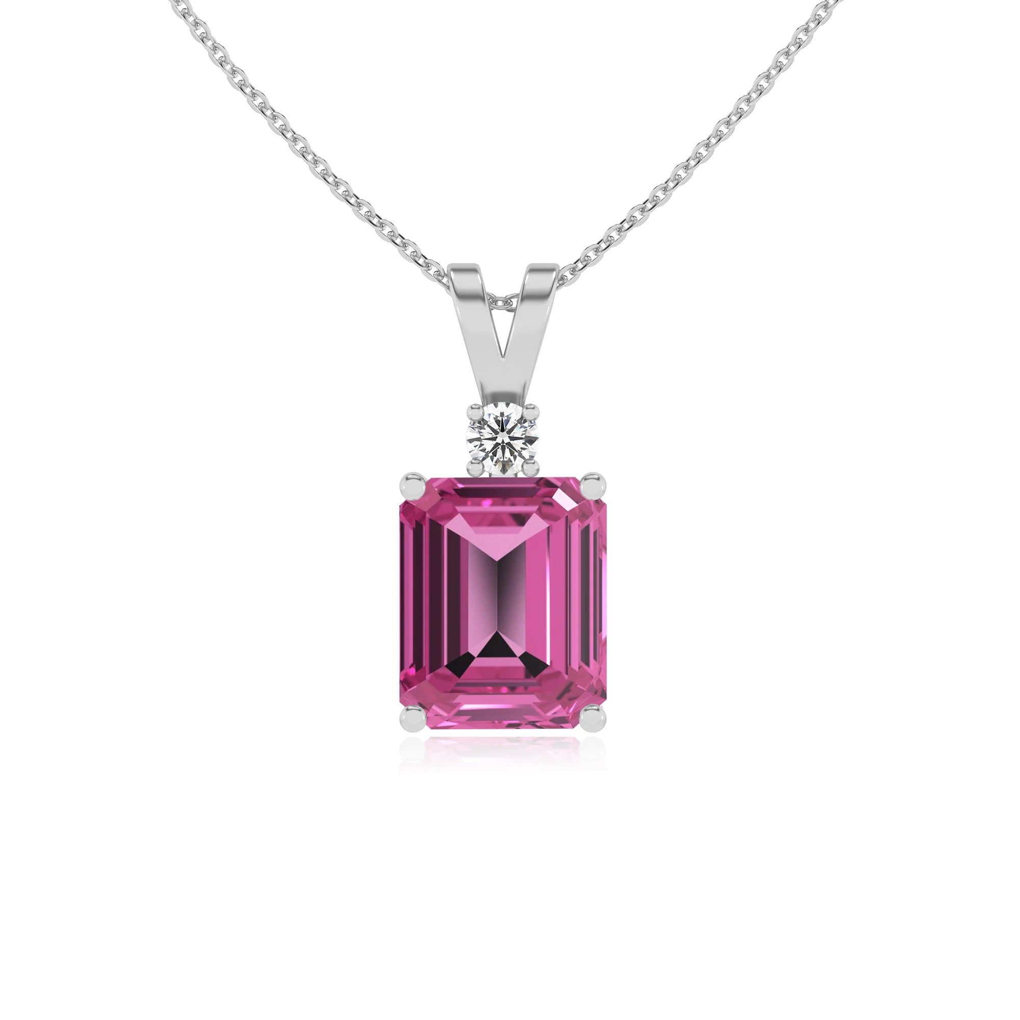 lab grown pink-sapphire emerald cut solitaire v-bale necklaces in white gold 
