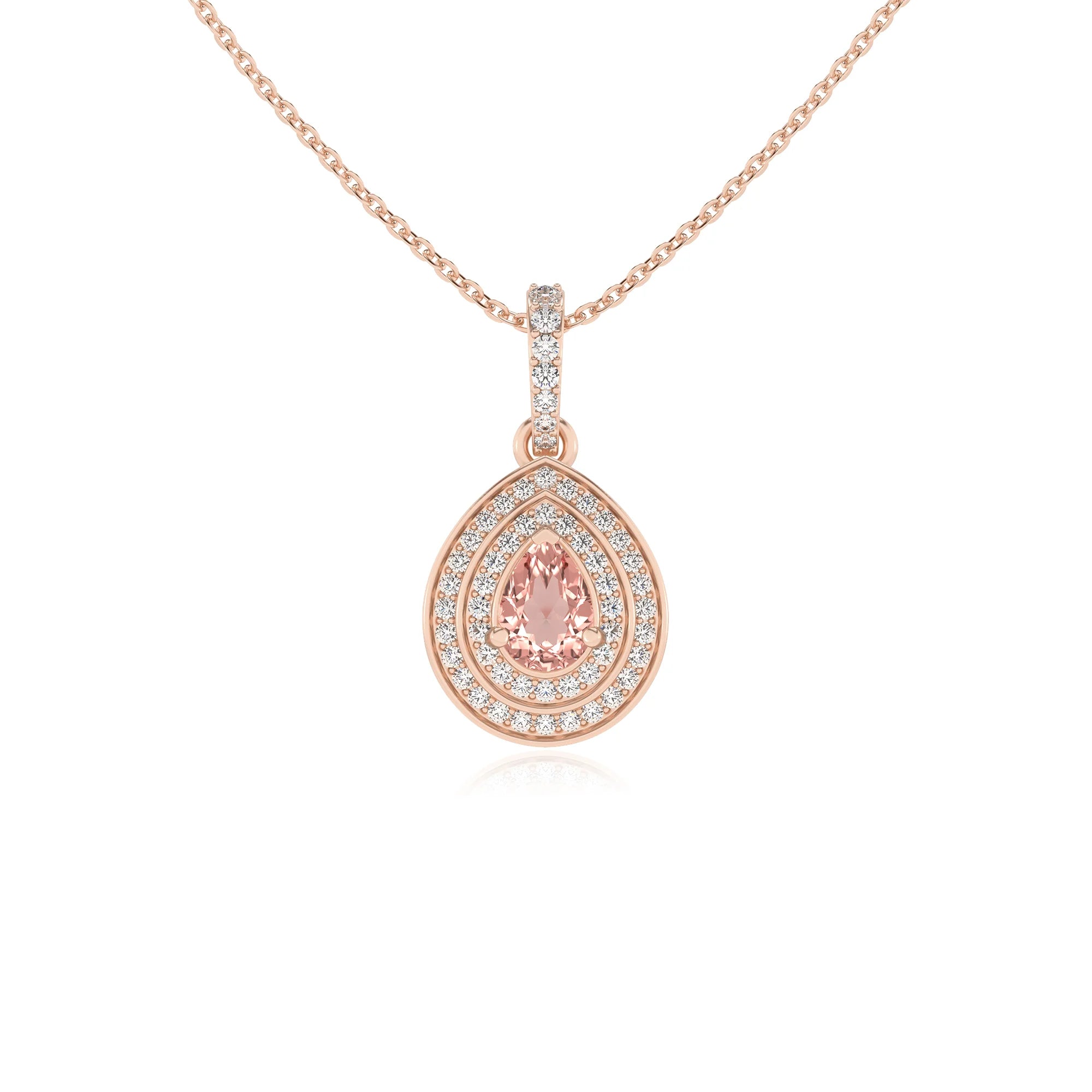 lab grown morganite pear halo necklaces in rose gold 