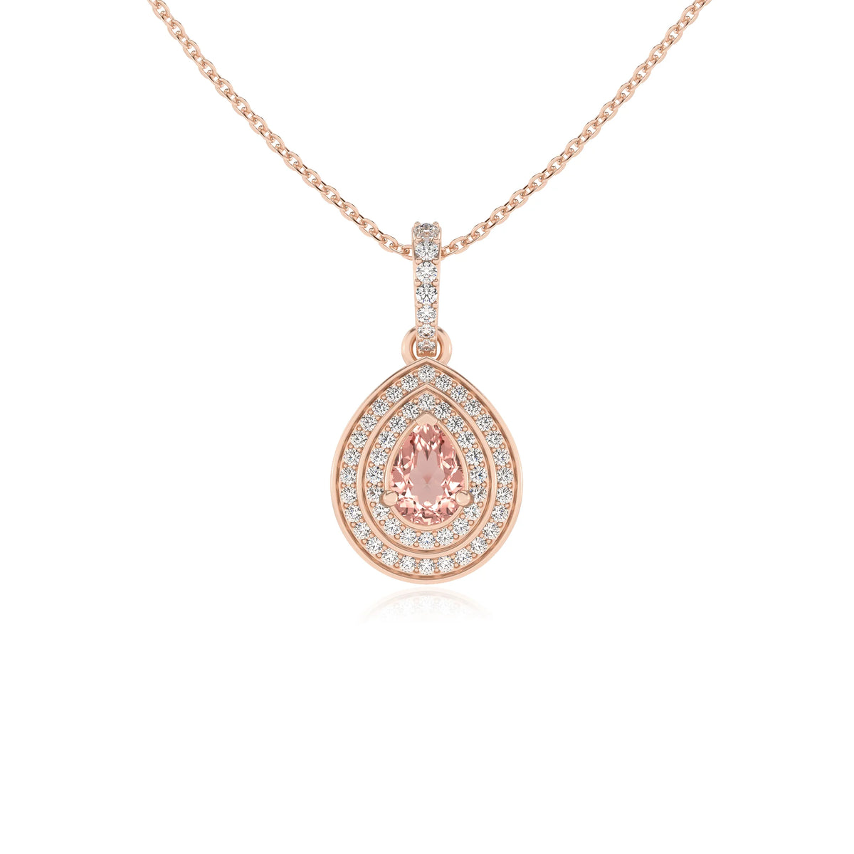 lab grown morganite pear halo necklaces in rose gold 