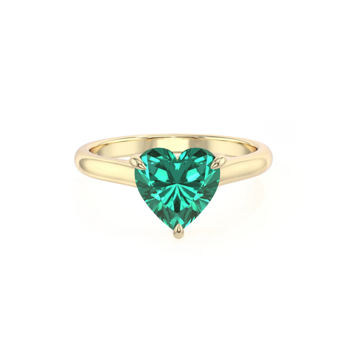 lab grown emerald heart solitaire rings in yellow gold 