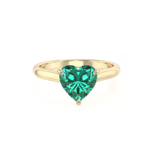 lab grown emerald heart solitaire rings in yellow gold 
