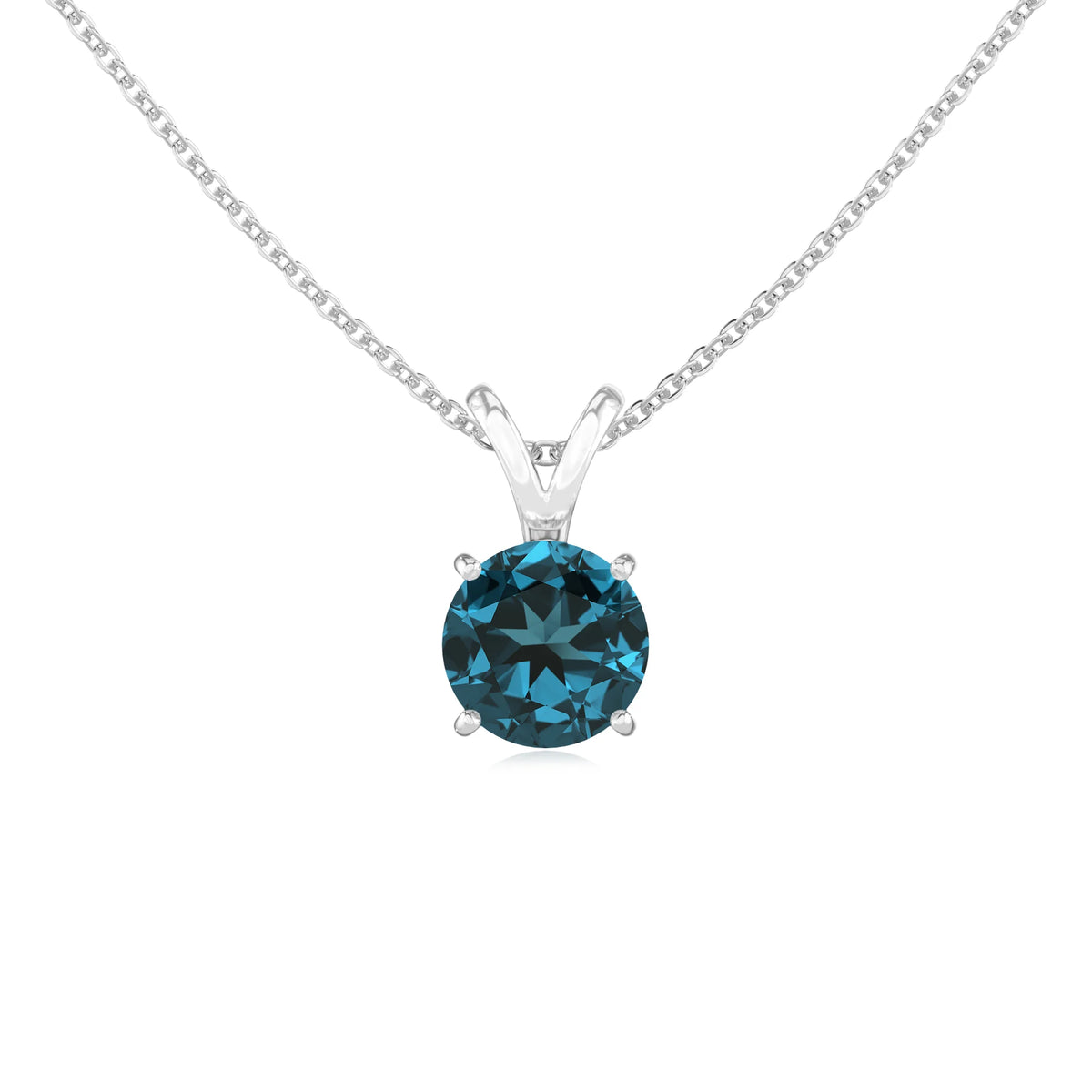natural london-blue-topaz round solitaire v-bale necklaces in sterling silver 