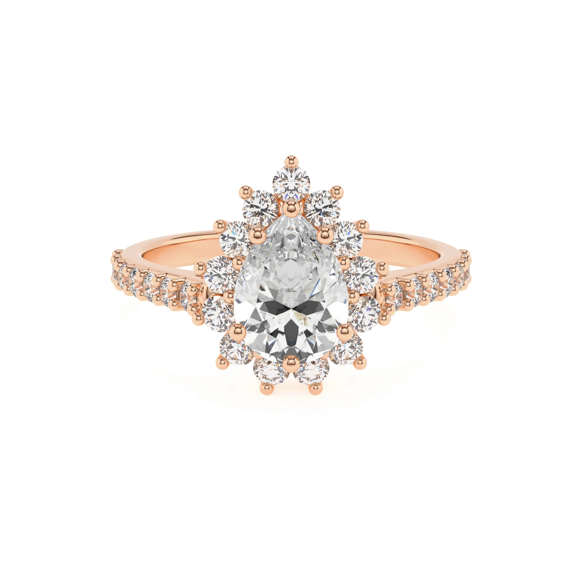 lab grown moissanite pear solitaire rings in rose gold 