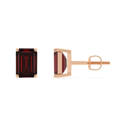 natural garnet emerald cut stud earrings in rose gold 