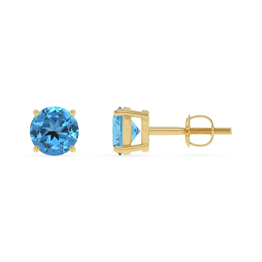 natural swiss blue topaz round stud earrings in yellow gold 