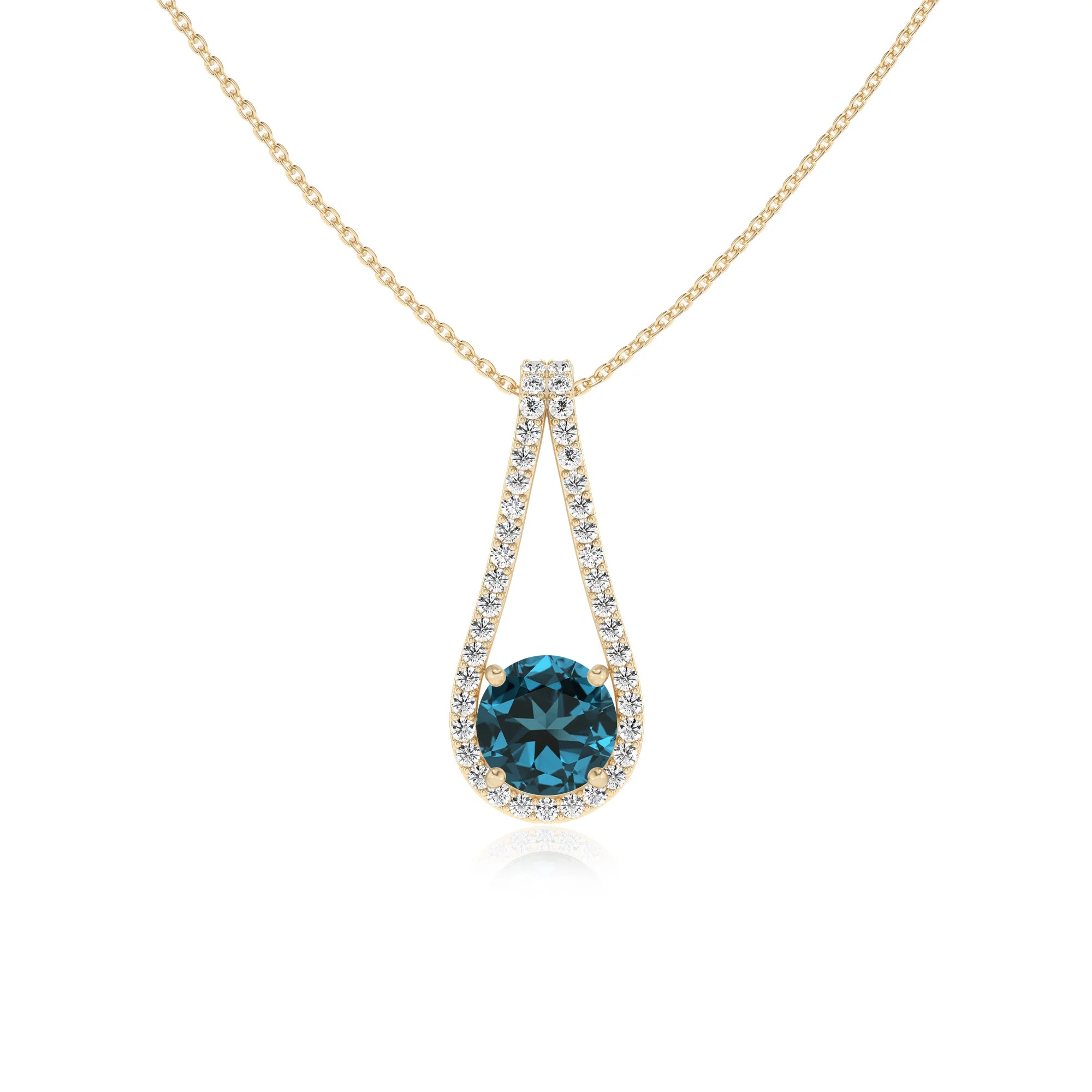 natural london-blue-topaz round solitaire v-bale necklaces in yellow gold 