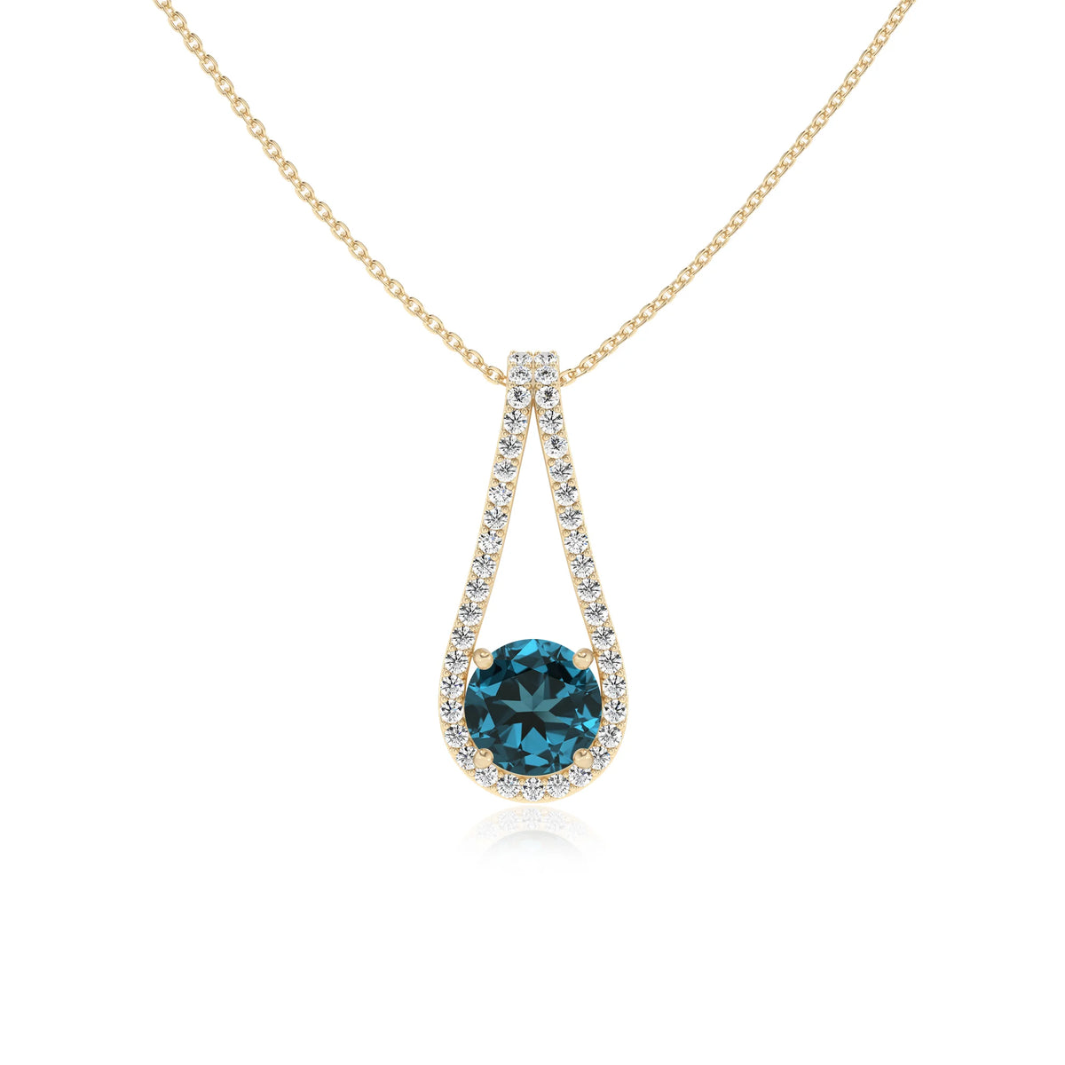 natural london-blue-topaz round solitaire v-bale necklaces in yellow gold 