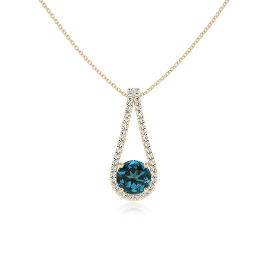 natural london-blue-topaz round solitaire v-bale necklaces in yellow gold 