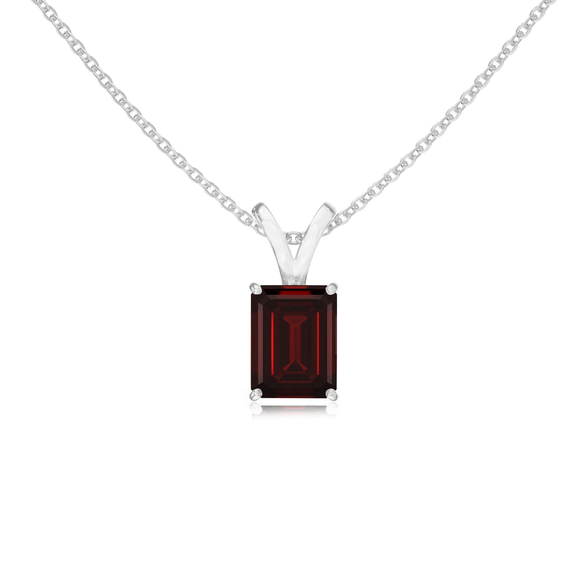 natural garnet emerald cut solitaire v-bale necklaces in sterling silver 