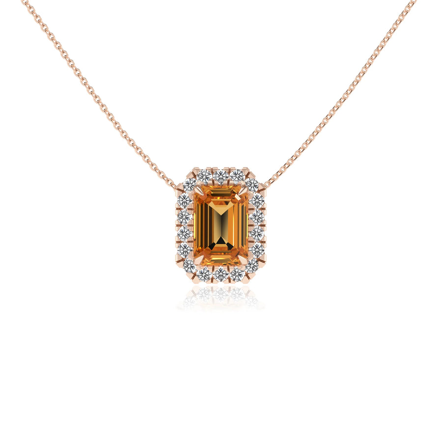 lab grown citrine emerald cut solitaire necklaces in rose gold 