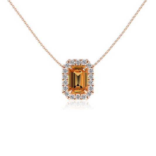 lab grown citrine emerald cut solitaire necklaces in rose gold 