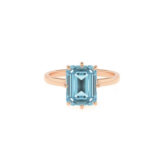 lab grown aquamarine emerald cut solitaire rings in rose gold 