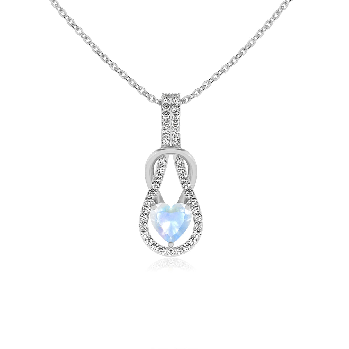 natural rainbow-moonstone heart infinity  v-bale necklaces in platinum 