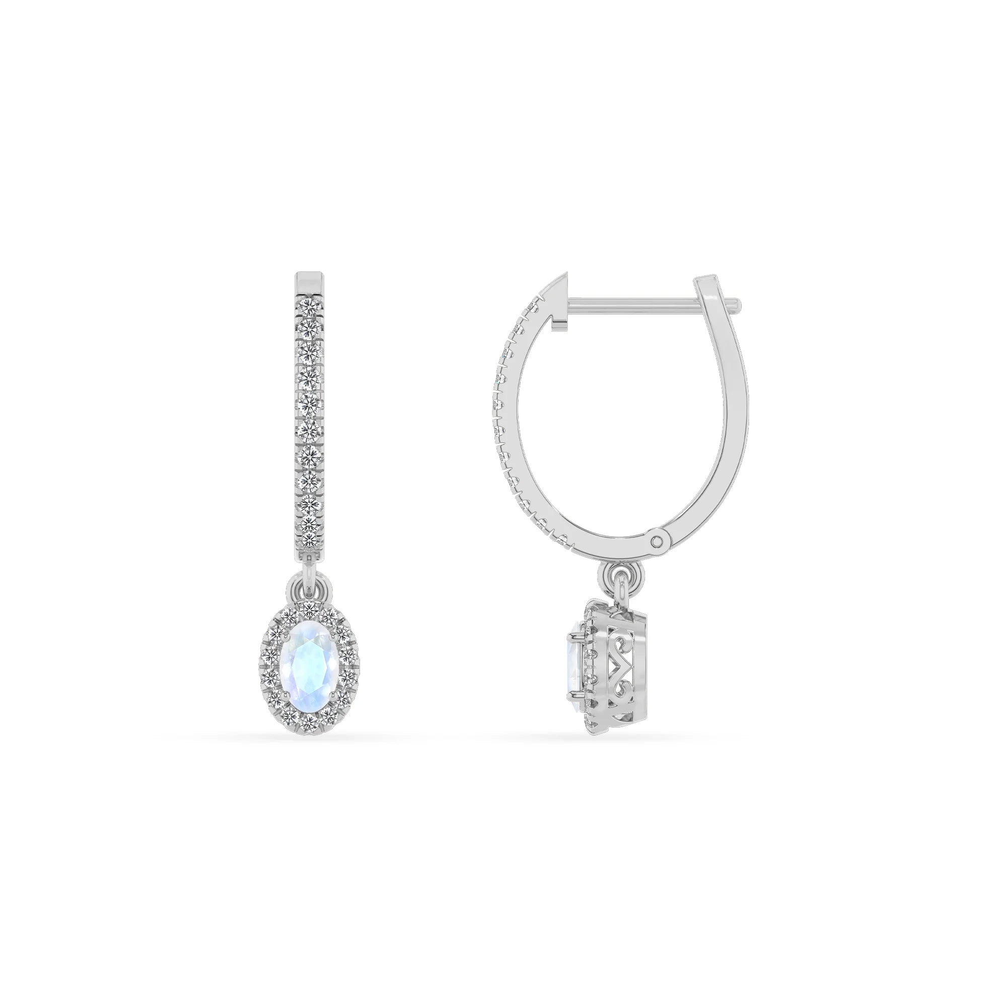 natural rainbow moonstone oval drop earrings in platinum 